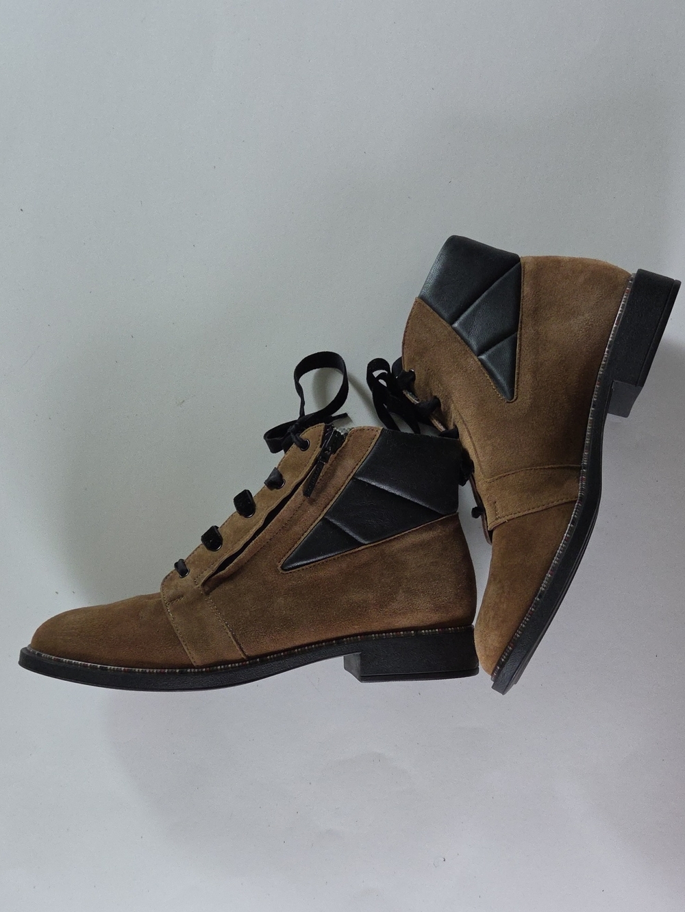Brown Suede Wedge Ankle Booties Lace Up Zip BeautiFeel Elastic Size 38 US 7.5